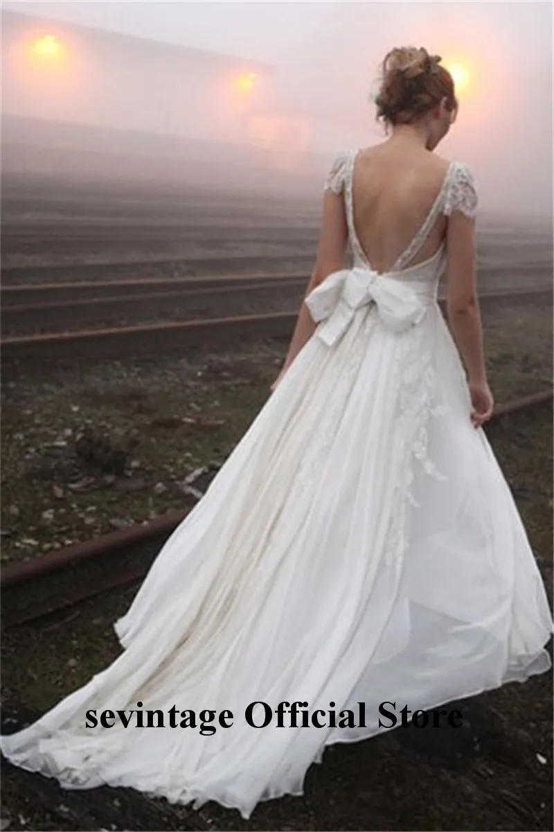 Sevintage vestido de casamento шифоновое пляжное свадебное платье с коротким рукавом размера плюс Кружевное Свадебное бохо-платье с бантом для свадьбы
