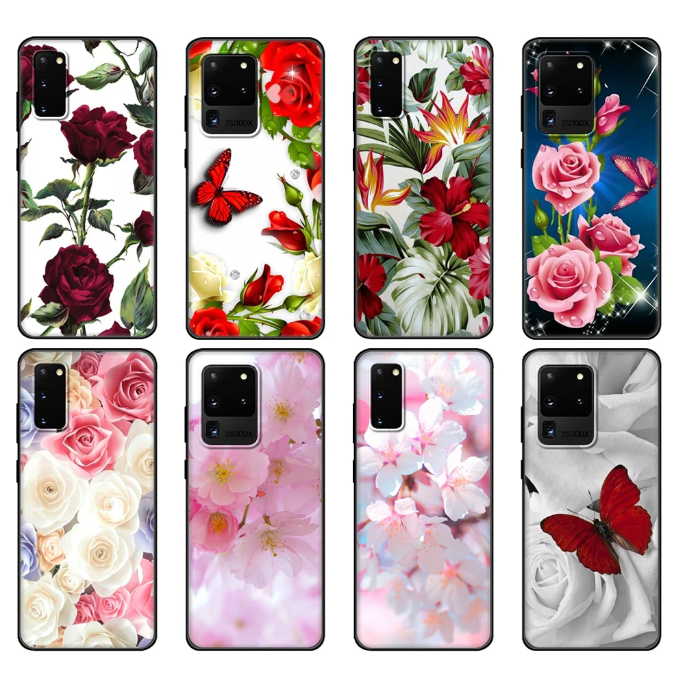 Custodia In Tpu Nero Per Samsung Galaxy S20 /S20 Plus/S20 Ultra/S20 + /S20Fe Cover Posteriore Farfalla Rossa Su Rose Flower Clear