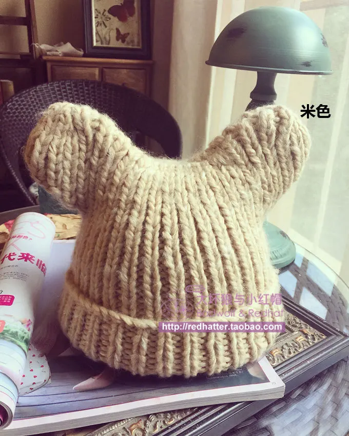 Бежевый Комплект наушников Skullies из чистого ручного плетения с маленькими заячьими ушками, южнокорейская женская шапка с отворотами, женская вязаная шапка, женская теплая шерстяная шапка - Цвет: Бежевый