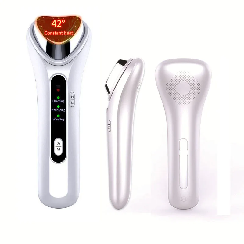 Facial Warm Hot Therapy Massager Ultrasonic Face Lifting Ion Vibration Deep Clean Moisturize Wrinkl