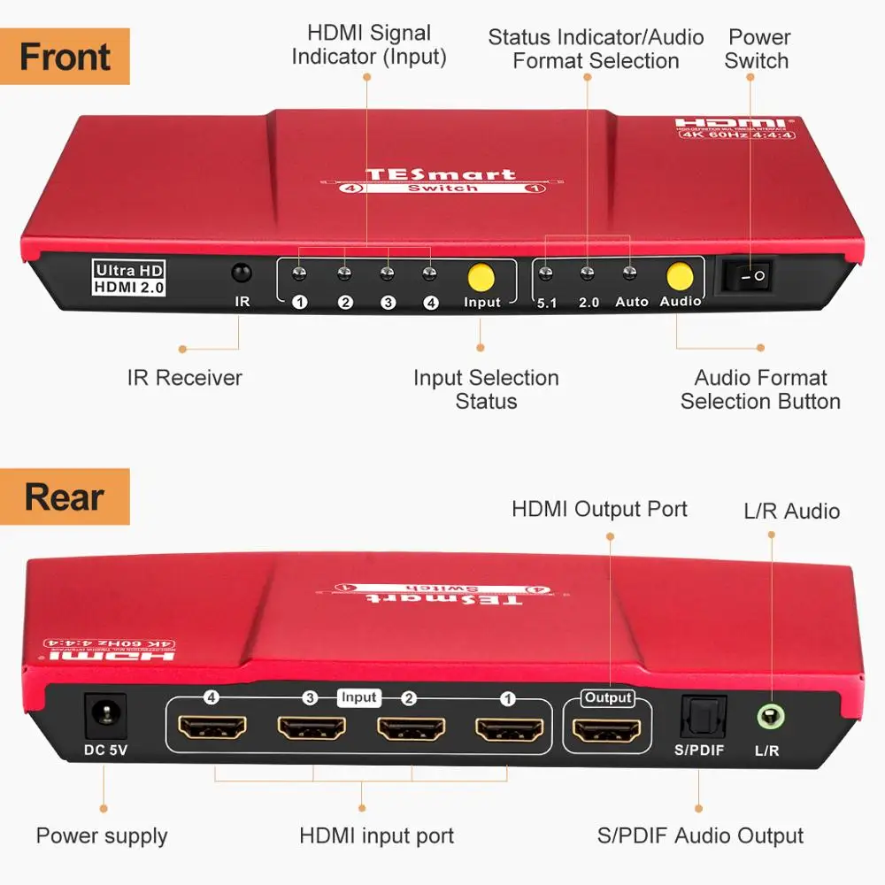 HDMI выключатель 4 в 1 с S/PDIF и L/R аудиовыходом поддержка HDTV 4K @ 60 Гц 4:4:4 ИК пульт