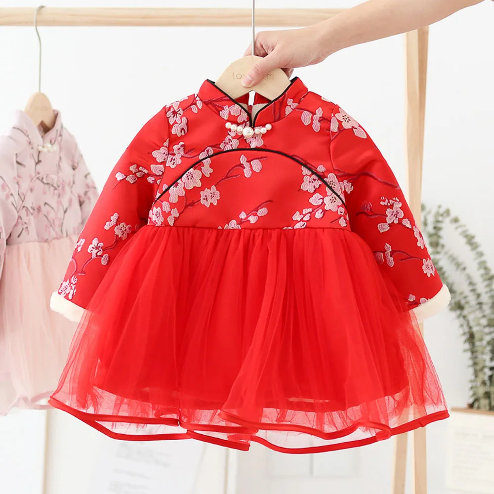Красное рождественское платье; китайская Цветочная вышивка; Новогоднее детское платье-пачка принцессы для девочек; бархатная зимняя одежда для малышей