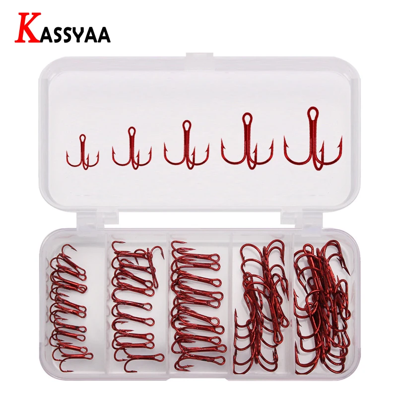 

50pcs Red Fishing Hook Set High Steel Carbon Terble Broken Hooks #2 #4 #6 #8 #10 Round Bend Treble Bass Fishhooks Accessories