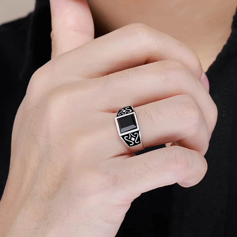 2024 Trendy Men Ring Jewelry Adjustable Finger Accessorie Male Silver 925 Ring Fashion Flower Rectangle Crystal Bijou - 6