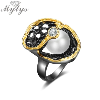 

Mytys Pearl Ring for Women Black Color Vintage Ring Ancient Coiler Jewelry Statement Ring Gift R2163