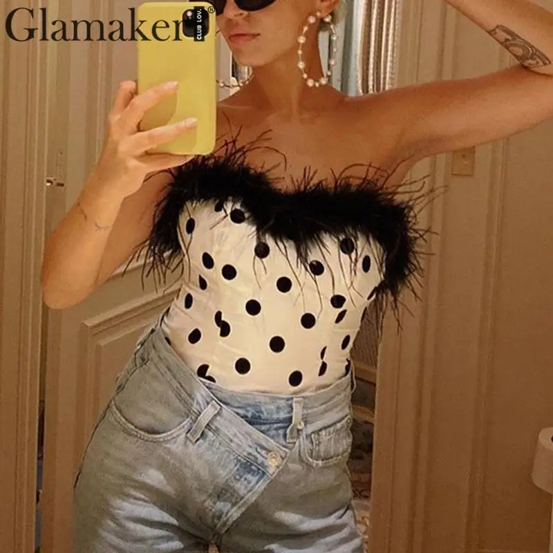 Glamaker, трикотажные майки в горошек с открытыми плечами, женские элегантные майки в стиле пэчворк с перьями, женские пикантные вечерние майки на осень и зиму