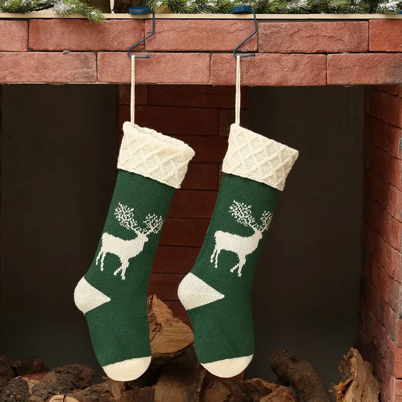 1pcs Christmas Socks Deer Printed Knitted Acrylic Hosiery Gift Holder Tree Ornament Candy Present Stocking Fireplace Hanging
