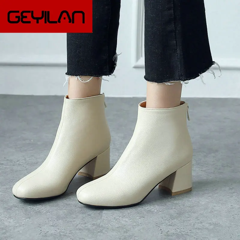 

Ankle Boots Women comfy Square High Heel Boots Fashion Square Toe Zipper Boots Autumn Winter Female Shoes Black White Beige