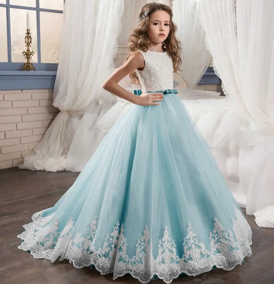 Синий Свет Шампанское кружева Vestidos Блестки Бусы для девочек в цветочек платья для свадьбы для девочек для первого причастия Платья для специальных торжеств - Цвет: Синий