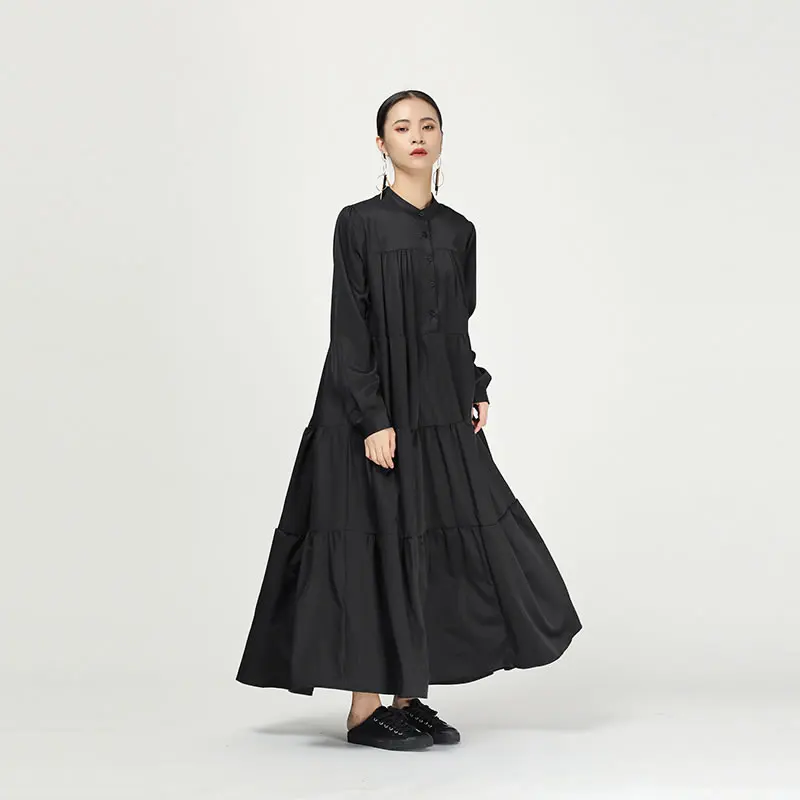 XITAO Длинное Макси платье большого размера женское корейское модное Плиссированное однобортное осеннее лоскутное винтажное платье с рюшами WQR1646 - Цвет: black   WQR1646