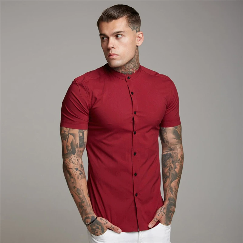 Summer Fashion Short Sleeve Shirt Men Slim Fit Social Business Stand Collar Dress Shirt Brand Mens Fitness Sports Gym Clothing