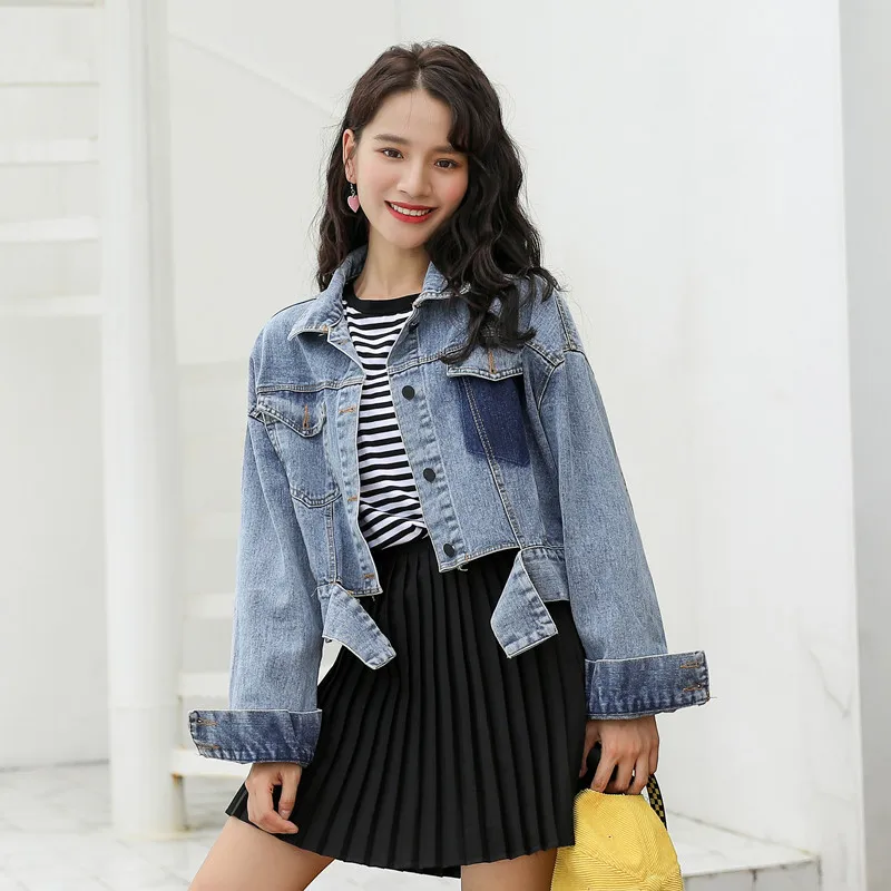 

2018 Autumn And Winter New Style Korean-style CHIC Sweet Women's Short Students Jeans Coat Contrast Color Pocket Harajuku Cowboy
