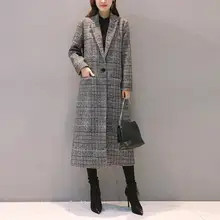 Женское шерстяное пальто осень зима Cassic простое длинное клетчатое пальто кардиган тренчкот шерстяное пальто универсальные винтажные размера плюс