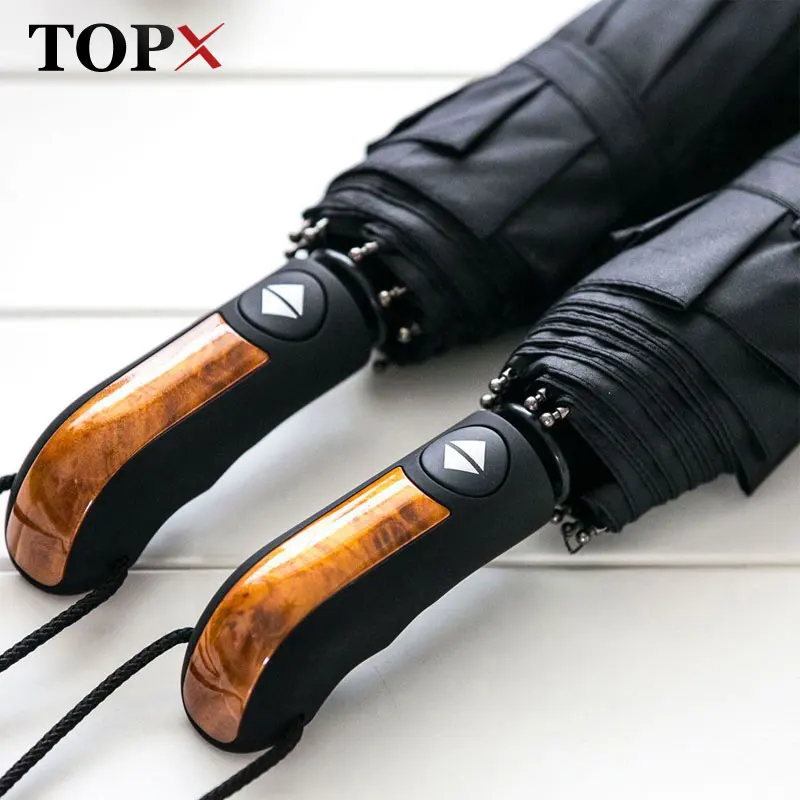 

English Style Automatic Umbrella Men Women Rain 3Folding Wind Resistant Umbrella Business Imitation Wood Portable Large Umbrella