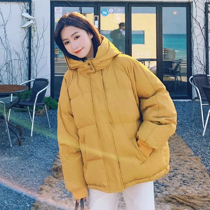 

Photo Shoot CHIC Sweet Three-Color Short Hooded down Coat Loose-Fit Stand Collar Short-height BF Laziness Cotton Overcoat Women'