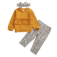3Pcs Toddler Kids Baby Girl Clothes Sets 1-5Y Ruffles Solid T-shirt Tops+Leopard Floral Pants+Headband Outfits Set
