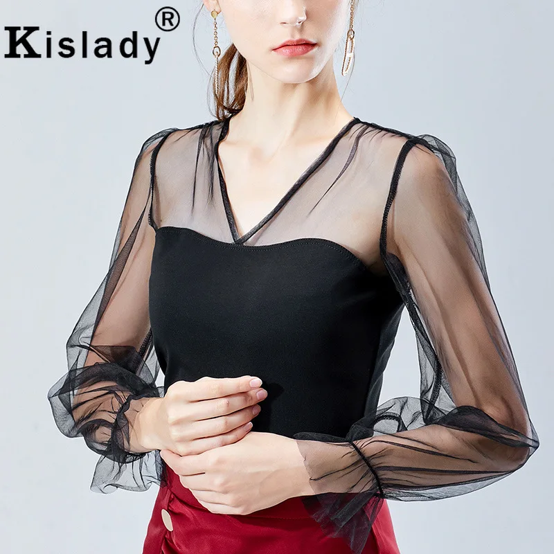Kislady осень женский лоскутный прозрачный Guaze материал сексуальный сетчатый топ с v-образным вырезом прозрачная OL Harajuku футболка Корейская одежда