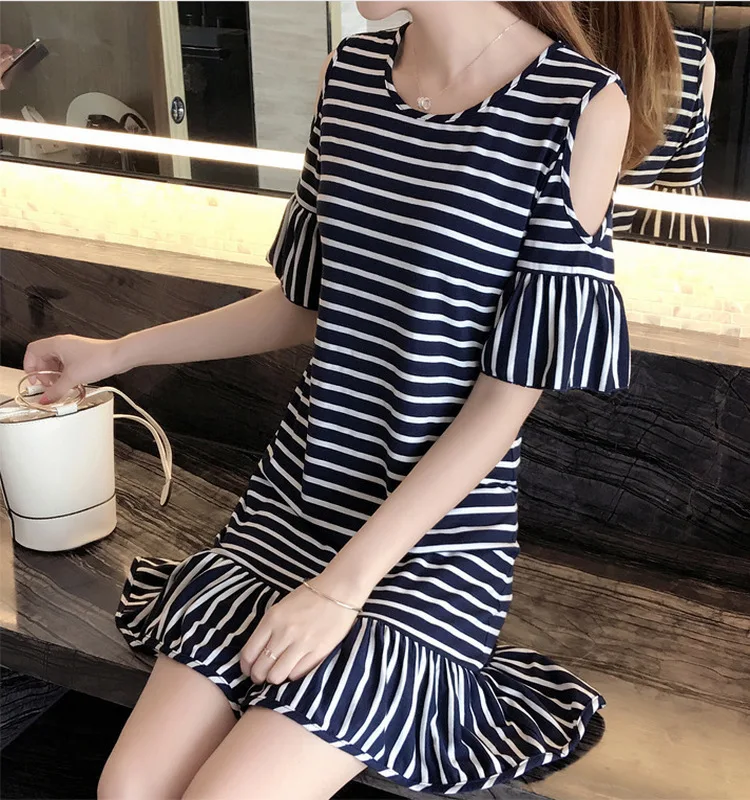 

9.9 T-shirt Dress Summer New Style Stripes Crew Neck Pullover Loose And Plus-sized Versatile Dress