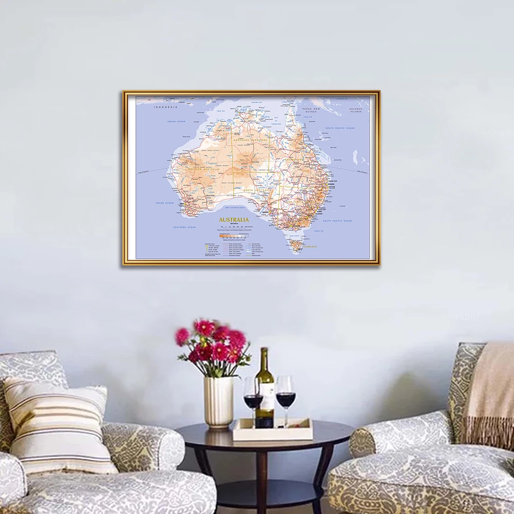 59*42cm Terrain and Traffic Route Map of The Australia Canvas Painting Wall Art Poster School Supplies Classroom Home Decoration