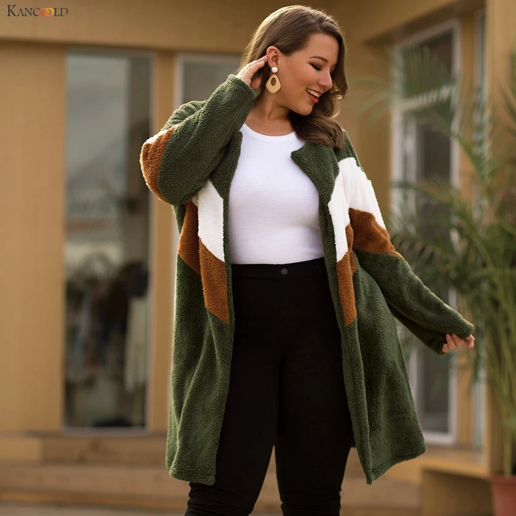 discounted  KANCOOLD coats Women Plus Size O-neck Contrast Color Stitching Cardigan Zipper Loose Plush new coat