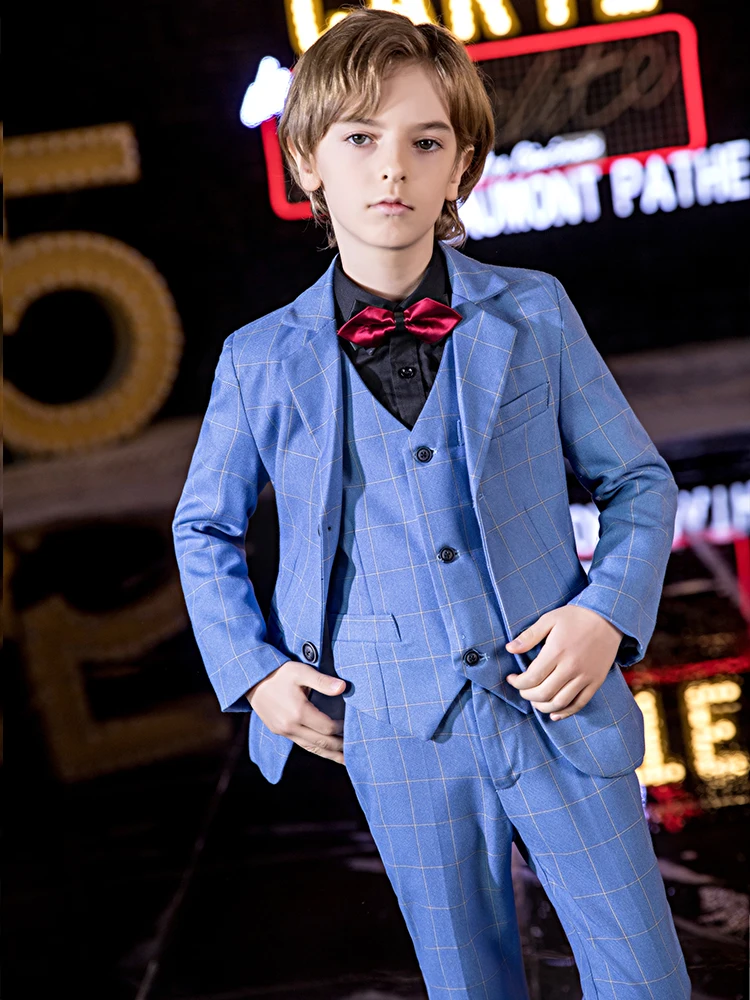 YuanLu костюмы для мальчиков на свадьбу, Блейзер, пиджак, торжественные Детские костюмы на выпускной, 5 предметов, смокинг для мальчиков в британском стиле - Цвет: Blue-5PCS