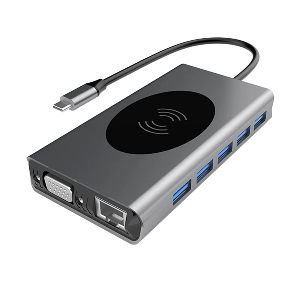 USB Type C к 3 0 VGA RJ45 HDMI * 2 PD Audio3.5 TF 10 вт беспроводное зарядное устройство концентратор