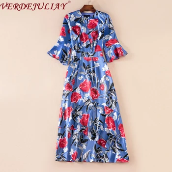 

VERDEJULIAY Fashion Runway Autumn Dress Women's Flare Sleeve Elegant Flower Print Blue A Line Working Slim Bodycon XXL Dres