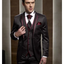 Черные вечерние Формальные Мужские костюмы из трех предметов, приталенные Свадебные смокинги с отворотом(пиджак+ брюки+ жилет+ галстук