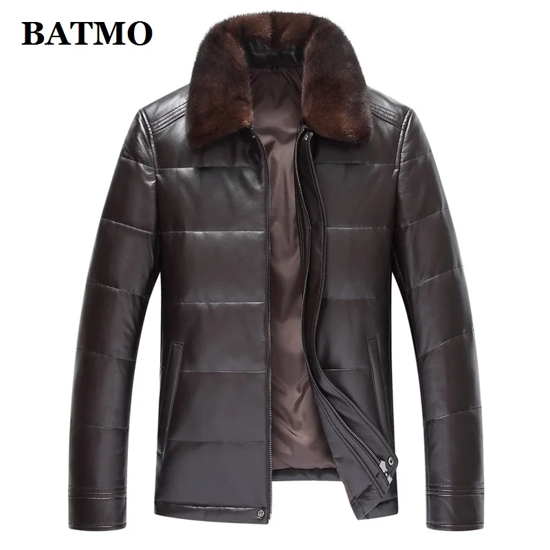 BATMO Новое поступление осень и зима 90% белый утиный пух натуральный овчина норка меховой воротник куртки для мужчин, натуральная кожа куртки - Цвет: Коричневый