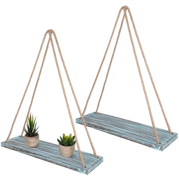 

Wall Hanging Shelf Set of 2 - Teal Blue Distressed Wood Jute Rope Floating Shelves, Farmhouse Organizer Rustic Home Decor