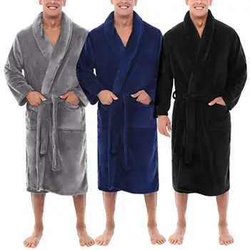 

Fashion Men Bath Robe Shawl Collar Coral Fleece Solid Color Long Bath Robe Home Gown Sleepwear With Pocket