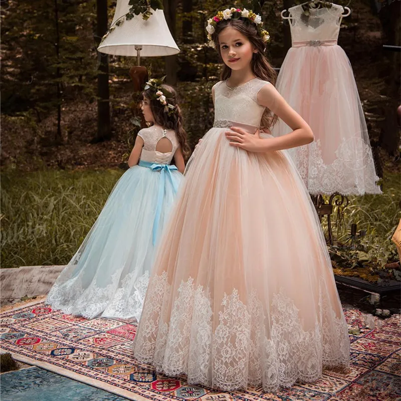 78 (1)Beautiful Blush and Ivory Flower Girls Dresses Beaded Sash Lace Appliqued Bows Pageant Gowns for Kids Wedding Party