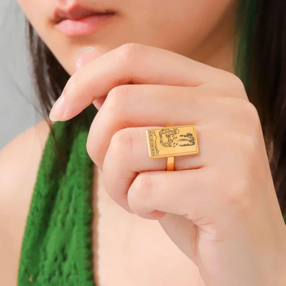 Tarot-Inspired Gold Stainless Steel Esoteric Amulet Ring