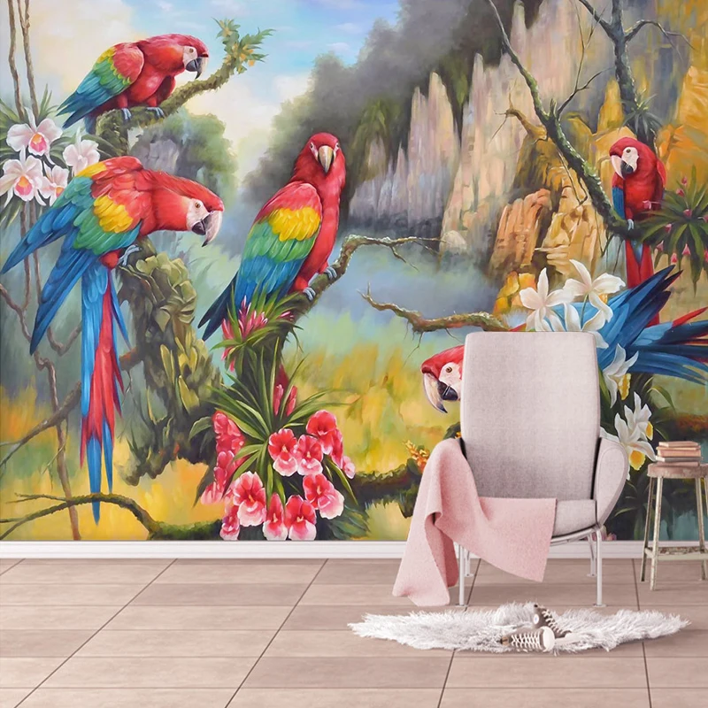 

Drop Shipping Hand Painted Parrot Mural Rainforest Tropical Plants Cartoon WallpapersBedroom Custom Any Size Wallpaper