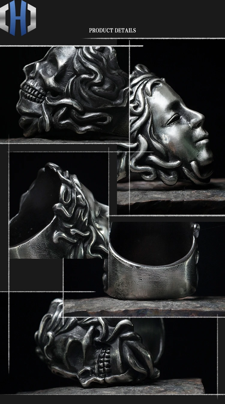 Дизайн ручной работы серебряное лицо Инь и Ян 925 Серебряное кольцо с черепом в стиле панк для мужчин и женщин