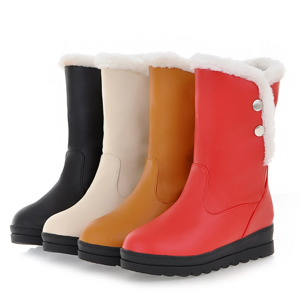 RIBETRINI Hot Sale Large Size 34-42 Increasing Heels Mid Calf Boots Women Shoes Woman Slip On Add Fur Warm Winter Boots Woman
