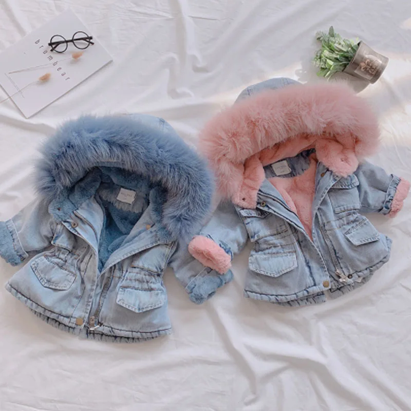New Outerwear Jacket Girl Kids Warm Plus Winter Infant Fur Toddler Parka 1-5-Years Denim bWwnMlp9ZE9