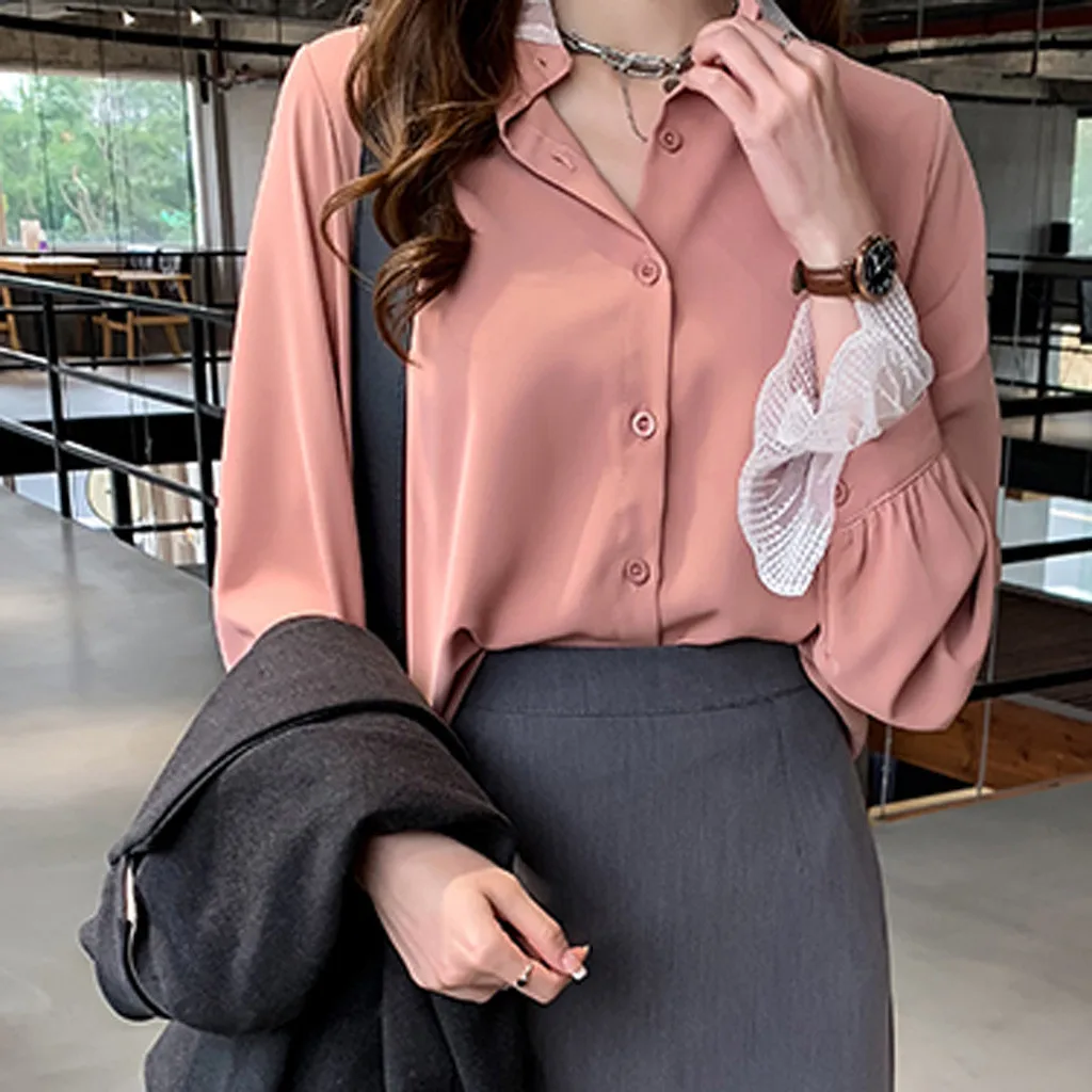 

Fashion Women Blouses Vintage Long Lantern Sleeve Lace Spliced Turn-down Collar Solid Tops Chiffon Shirt Mujer de Moda 2019 L511