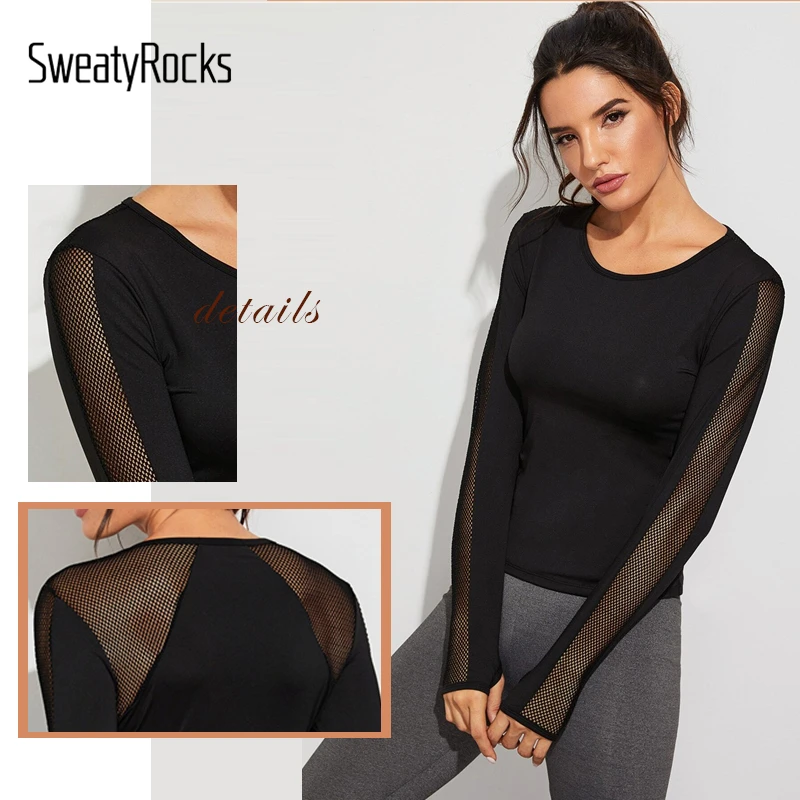 SweatyRocks черная контрастная Спортивная футболка в сеточку с отверстиями для большого пальца, уличная одежда, женские облегающие футболки и топы, повседневные женские футболки