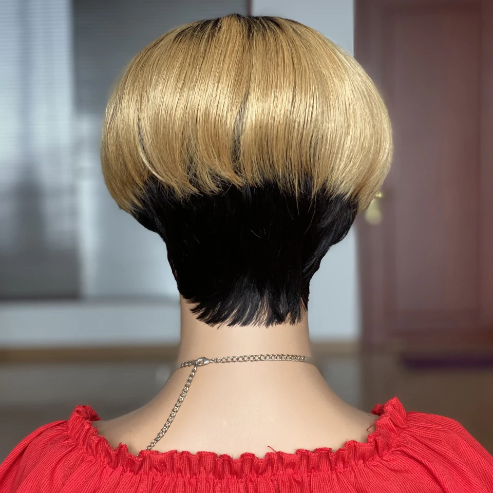 Perucas de Cabelo Humano para Preto Remy em Linha Peruca com Franja Pixie Curto Corte Peruca Reta Feminino Brasileiro Bob Completa Mahine Feito 4 Cheap Apliques com cabelo humano