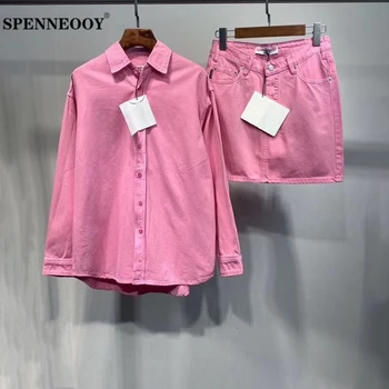 

SPENNEOOY Designer Custom Runway Autumn Female High Street Pink Skirt Suits Long Sleeve Tops And Women Skirts Two Pieces Set