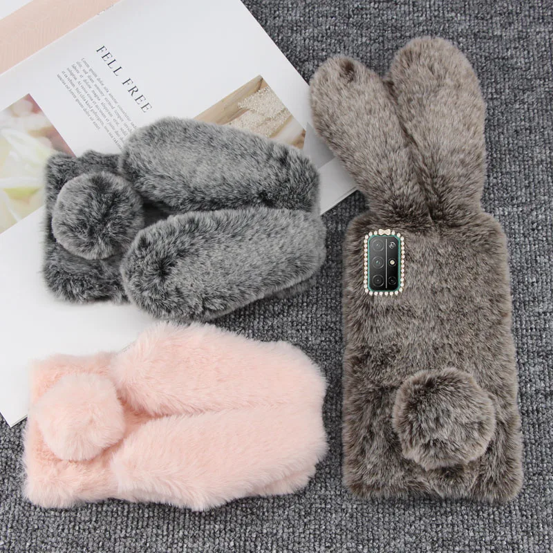 

Honor 30S Case Fashion Lovely Plush Rabbit doll Winter Keep Warm Shiny Diamond Soft TPU Back Cover For Honor 30S Phone Cases