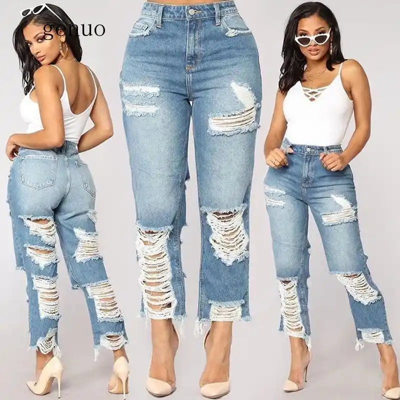 high waisted destroyed boyfriend jeans