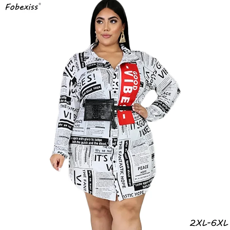 

White Newspaper Print Shirt Dress Women Summer Long Sleeve Single Breasted Office Wear Lady Dresses Plus Size 6XL Women Clothing