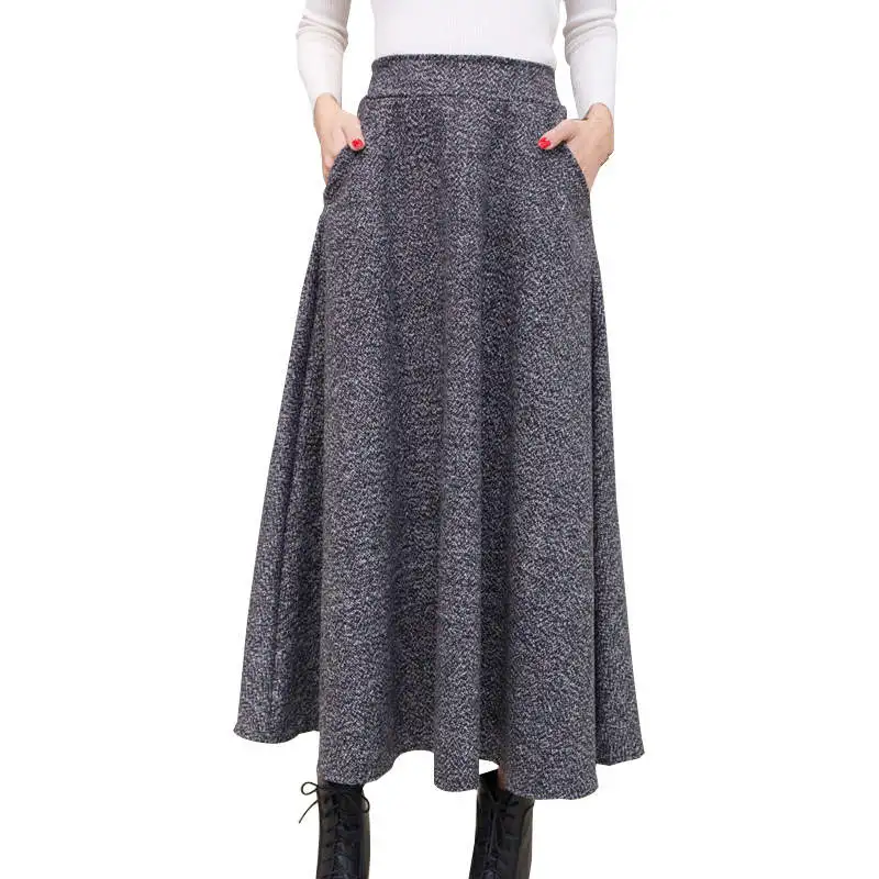 Осенняя и зимняя длинная юбка, Женская винтажная шерстяная юбка с высокой талией, Saia Faldas, шерстяные плиссированные юбки, Женская Теплая юбка макси C2571