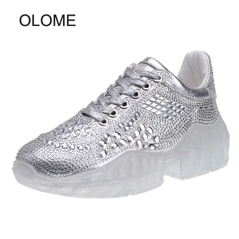 

Spring New Crystals Shoes Women Leisure Silver Sneakers Platform Fashion Brand Lady Thick Bottom Footware Bling zapatos de mujer
