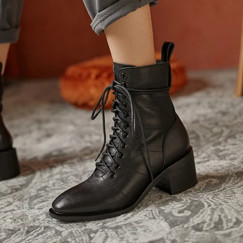

Women Genuine Leather Ankle Boots thick High Heels Autumn Winter Short Motorcycle Boots Party Dancing Shoes Woman