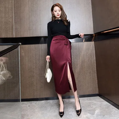 

LUX ANGNER 2020 New Elegant Lady Dress Temperament Satin High Waist Burgundy Split Slim Skirt Dresses For Women Fashion Korean