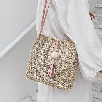 

Summer Beach Straw Totes Women Large Capacity Handmade Knitted Bucket Bags Casual Shoulder Rattan Bag Vintage Weaving Bolsa Bohe