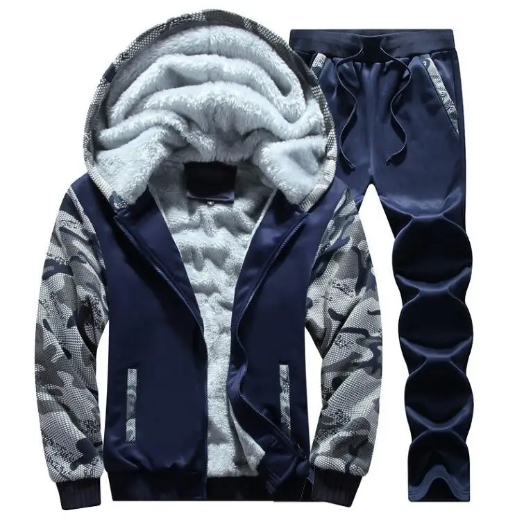 Dark blue Осенне-зимние мужские комплекты модный бренд Флисовая Подкладка толстый спортивный костюм+ брюки Мужской весенний теплый спортивный костюм Мужская спортивная одежда - Цвет: Dark blue